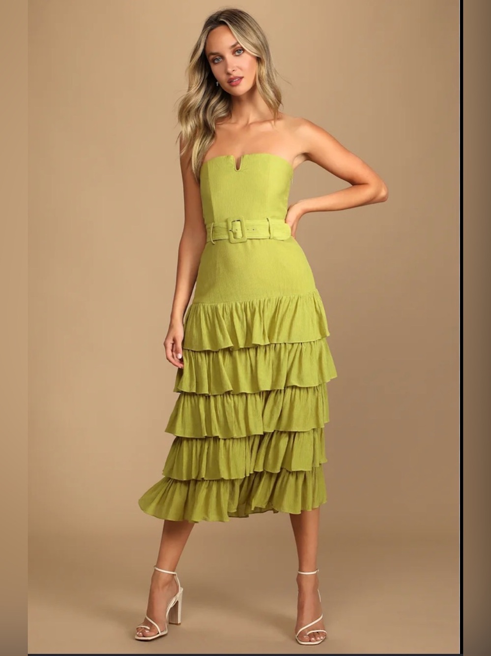 Strapless Tiered Ruffle Midi Dress in Lime Green